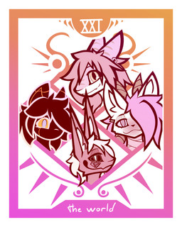 ambiguous_gender anthro bandage black_sclera border card ear_piercing ear_ring female group hair hair_over_eye horn inner_ear_fluff jagged_mouth long_ears long_hair major_arcana markings mouthless piercing ring_piercing smile smiling_at_viewer stripes tarot tarot_card the_world_(tarot) tuft white_border conditional_dnp lodi_(artist) kitty_(firepawdacat) lodi_(character) talia_(talico) bubblemummy demon domestic_cat felid feline felis fish mammal marine robot_anthro shark siamese 4:5 absurd_res hi_res