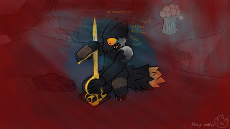 3_fingers 3_toes anthro arm_scar arm_tuft begging big_eyes bioluminescence blood bodily_fluids cavern chest_scar claws colored_blood crouching detailed_background dialogue digitigrade duffel_bag eyebrows facial_scar feet finger_claws fingers fluffy fluffy_tail forearm_scar fur glowing gore grey_body grey_fur handpaw holding_blade holding_object horn landscape leg_scar low_light male open_mouth orange_body orange_eyes orange_fur orange_sclera orange_tongue pain paws pressure_plate pupils scar scared self-harm_scars shaking shoulder_tuft small_pupils snout solo spikes stab_wound tail tears teeth toe_claws toes tongue traumatized trembling tuft underground unusual_blood unusual_bodily_fluids white_body white_fur wince yellow_blood nixy-waffles casualties:_unknown soot_(nixy-waffles) canid canine expie_(gunsawian) fox gunsawian hybrid mammal murid murine rat rodent 16:9 2026 colored digital_drawing_(artwork) digital_media_(artwork) hi_res widescreen