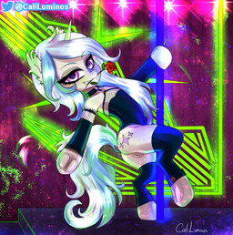 bottomless clothed clothing corset dancing female feral genitals horn lingerie neon pole pole_dancing solo topwear vulva caliluminos hasbro my_little_pony mythology equid equine mammal mythological_creature mythological_equine unicorn absurd_res hi_res