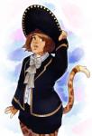 5_fingers amber_eyes bow_(feature) bow_tie brown_hair clothed clothing female fingers hair hat headgear headwear holding_object mariachi_suit open_mouth simple_background solo luxar92 kitzy_(character) felid jaguar mammal pantherine hi_res