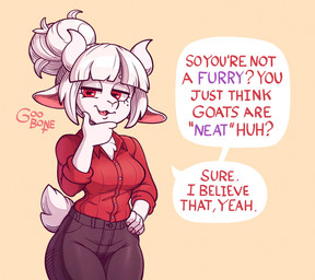 alternate_species anthro bottomwear clothed clothing dialogue eyelashes female fully_clothed furrification hair half-closed_eyes hand_on_hip horizontal_pupils horn looking_at_viewer markings mole_(marking) narrowed_eyes open_mouth pants pupils red_eyes shirt simple_background solo speech_bubble talking_to_viewer text topwear white_hair goobone helltaker goat_lucifer_(helltaker) bovid caprine goat mammal 2020 english_text hi_res signature