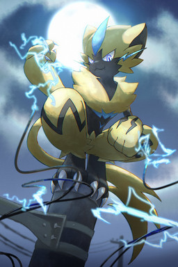 anthro biped black_body black_fur blue_whiskers cable claws cloud crouching cute_fangs digitigrade electricity electricity_manipulation elemental_manipulation fangs feet full_moon fur leg_markings light looking_at_viewer markings metal moon moonlight night on_pole outside paws purple_eyes sky smile solo teeth toe_claws toes utility_pole whiskers yellow_body yellow_fur herschel nintendo pokemon felid generation_7_pokemon legendary_pokemon mammal pokemon_(species) zeraora digital_media_(artwork) hi_res