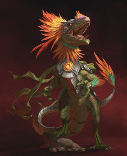 ambiguous_gender armor biped breastplate claws feathers furgonomics green_body green_scales headgear helmet open_mouth orange_body orange_feathers scales sharp_teeth simple_background solo standing tail tail_armor teeth tongue lie_setiawan hasbro magic:_the_gathering wizards_of_the_coast dinosaur feathered_dinosaur feathered_scalie prehistoric_species reptile scalie absurd_res adversarial_noise hi_res official_art