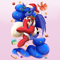 blue_body blue_eyes christmas_clothing christmas_headwear clothing cosmic_hair cutie_mark dock_(anatomy) ethereal_hair feathered_wings feathers featureless_crotch female feral gift hat headgear headwear holidays legwear looking_at_viewer looking_back lying on_side raised_leg sack santa_hat solo spread_legs spreading stockings tail thigh_highs tongue tongue_out wings pridark christmas friendship_is_magic hasbro my_little_pony princess_luna_(mlp) equid equine mammal 1:1 2020 absurd_res hi_res huge_filesize