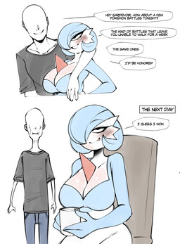 after_sex arm_over_shoulder big_breasts blush blush_lines bottomwear breasts chair chest_spike clothing duo female female_humanoid fingers furniture green_body green_hair hair hair_over_eye holding_object male male_human on_chair pants shirt sitting sitting_on_chair spikes spikes_(anatomy) text tongue topwear saltyxodium nintendo pokemon gardevoir generation_3_pokemon human humanoid mammal pokemon_(species) shiny_pokemon 2026 english_text hi_res