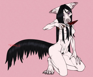 anthro black_body black_fur black_hair blood blood_on_knife bodily_fluids cheek_tuft claws facial_tuft female fur genitals glistening glistening_eyes grey_claws hair holding_knife holding_object humanoid_genitalia humanoid_vulva inner_ear_fluff kneeling knife licking_knife long_hair nude pink_background purple_eyes purple_sclera simple_background solo three-quarter_view tuft vulva white_body white_fur white_inner_ear_fluff riorix canid mammal 2017 dated full-length_portrait portrait signature