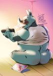 anthro belly blush butt clothing eyewear glasses horn humanoid_hands kemono looking_at_porn male overweight overweight_anthro overweight_male porn_cover pornography shirt sitting solo topwear bumomomoboa domestic_pig mammal rhinoceros suid suina sus_(pig) 2020 cover hi_res