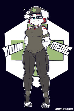 4_toes anthro armband black_nose blue_eyes bottomwear clothing collar cross facial_tuft feet female hands_behind_back hat headgear headwear looking_at_viewer medic o-ring pants shirt smile solo spots spotted_shoulders standing tank_top toes topwear tuft white_body the_man canid canine canis domestic_dog mammal 2026 absurd_res hi_res