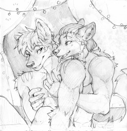 anthro arm_tuft cheek_tuft clothed clothing duo facial_tuft fangs fur hair hug hugging_another hugging_from_behind long_hair male male/male messy_hair nude open_mouth ponytail short_hair shoulder_tuft string_lights striped_body striped_fur striped_shoulders stripes teeth tongue tongue_out topless tuft unsigned akatan_art canid canine fox mammal hi_res monochrome sketch traditional_media_(artwork)