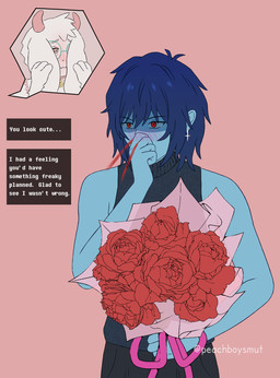 anthro blood blue_body blue_hair blush blush_lines bodily_fluids clothed clothing covering covering_face dialogue ear_piercing ear_ring embarrassed eyewear flower fully_clothed fur glasses hair holding_object holidays horn nosebleed paws piercing plant red_eyes ring_piercing rose_(flower) shirt simple_background speech_bubble tank_top text text_box topwear wearing_glasses white_body white_fur peachboysmut deltarune undertale_(series) valentine's_day kris_dreemurr ralsei bovid caprine darkner goat human mammal 2026 digital_media_(artwork) english_text hi_res nonbinary_(lore)