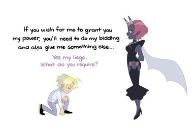 2_horns ahoge blonde_hair bottomwear breasts clothed clothing dialogue duo eyes_closed female footwear hair high_heels horn horn_jewelry horn_ring humanoid_pointy_ears jewelry kneeling leotard male not_furry on_one_knee pink_hair pointy_ears ring_(jewelry) shoes short_hair simple_background skirt text topwear white_background kianamai pretty_pretty_please_i_don't_want_to_be_a_magical_girl eclipse_(idwtbamg) lady_devoid horned_humanoid human humanoid mammal digital_media_(artwork)
