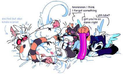anthro anus backsack balls big_dildo blush blush_lines dildo eyewear female female_anthro femboy flustered fur genitals glasses group holding_dildo holding_object holding_sex_toy imminent_anal lying male male/female male_anthro on_back one_eye_closed orange_body orange_fur pawpads paws perineum restrained sex_toy simple_background submissive submissive_anthro submissive_male tail tail_anus tail_motion tailwag text thinking trio wearing_glasses white_background white_body white_fur btascandalist calico_cat domestic_cat felid feline felis humanoid mammal english_text