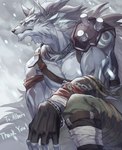 anthro bare_chest blizzard_(weather) blue_eyes bottomwear chain clothed clothing fingerless_gloves fur fur_markings gloves handwear leather leather_strap male markings muscular muscular_anthro muscular_male neckwear pants snow snowing solo straps text watching_aside shinashina.0317 canid canine canis mammal wolf english_text hi_res