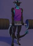 2_horns 4_toes 5_fingers anthro athletic athletic_anthro athletic_male barbell black_body black_fur blue_body blue_eyes blue_fur blue_mane bottomwear clothed clothing feet fingers fur grey_bottomwear grey_clothing grey_shorts holding_barbell horn male mane muscular muscular_male plantigrade purple_clothing purple_shirt purple_tank_top purple_topwear shirt shorts solo standing tail tank_top toes topwear ldr mythology raijin_(shaftboop) dragon furred_dragon furred_scalie mythological_creature mythological_scalie scalie wingless_dragon 2019 digital_media_(artwork) hi_res