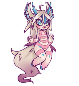 4_fingers blonde_hair blue_eyes blush chibi featureless_crotch female fingers flat_chested hair horn levitating nude simple_background smile solo white_background wide_hips glittermiilk animal_humanoid humanoid species_request 2016 hi_res