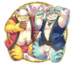 anthro asian_clothing belly blue_body blush bulge clothing duo east_asian_clothing eyes_closed fundoshi holidays humanoid_hands japanese_clothing kemono male overweight overweight_male pink_nose red_clothing red_fundoshi red_underwear tongue tongue_out underwear white_body white_clothing white_fundoshi white_underwear yellow_body un0sk chinese_zodiac new_year new_year_2022 year_of_the_tiger felid mammal pantherine tiger 2022 hi_res