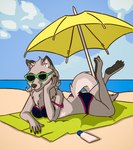 anthro beach beach_towel beach_umbrella bikini black_nose clothing eyewear female fur grey_body grey_fur hand_on_head looking_at_viewer lying neck_tuft on_front parasol seaside solo sunglasses swimwear tail towel tuft two-piece_swimsuit dermacher rayne_(antillion123) canid canine canis mammal wolf digital_media_(artwork) hi_res