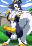 animal_genitalia animal_penis balls big_balls bodily_fluids canine_genitalia canine_penis digital_media_(artwork) erection fan_character feral fur generation_7_pokemon genital_fluids genitals hi_res knot knotted_penis looking_at_viewer lycanroc male midday_lycanroc nintendo penis pokemon pokemon_(species) presenting presenting_balls presenting_penis sallandril solo tongue white_body white_fur ymir_(sallandril)