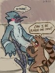 anthro beak blue_body blue_feathers blush brown_body brown_fur controller duo embarrassed feathers fur game_controller improvised_sex_toy improvised_vibrator male male/male nipples suggestive_pose text vibrating_controller anonymous_artist cartoon_network regular_show mordecai_(regular_show) rigby_(regular_show) avian bird blue_jay corvid jay_(bird) mammal new_world_jay oscine passerine procyonid raccoon english_text