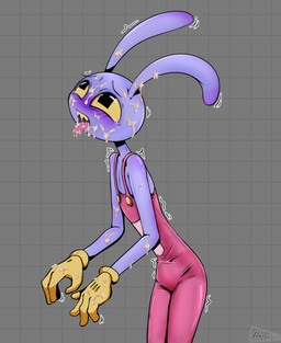 anthro blush bodily_fluids clothed clothing cum cum_on_face cumshot ejaculation flustered genital_fluids looking_up male solo tongue tongue_out yellow_eyes yellow_sclera hornyfudge glitch_productions the_amazing_digital_circus jax_(tadc) lagomorph leporid mammal rabbit absurd_res hi_res