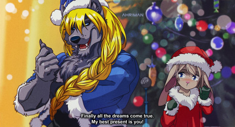 blue_eyes blush christmas_tree claws clothed clothing crossdressing duo electronics fangs holidays microphone open_mouth plant teeth text tree ahriman_(artist) christmas soyuzmultfilm well_just_you_wait! volk_(wjyw) zayats_(wjyw) canid canine canis hare lagomorph leporid mammal wolf english_text hi_res