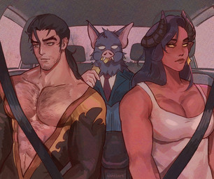 2_horns abs black_tie_(suit) body_hair breasts brown_hair car car_window chest_hair cleavage clothed clothing driving driving_car ear_piercing eating eating_food eyebrows fangs female female_humanoid food food_in_mouth for_a_head front_view fur fuzzy grey_body grey_fur group hair half-closed_eyes holding_food holding_object horn long_hair looking_aside looking_at_viewer male male_human male_humanoid muscular muscular_human muscular_male narrowed_eyes necktie pecs piercing red_body red_skin seat_belt shirt short_hair sitting suit tank_top teeth topwear trio vehicle white_eyes wanesart dispatch flambae_(dispatch) malevola_gibb sonar_(dispatch) animal_head animal_humanoid bat demon human humanoid mammal colored hi_res signature