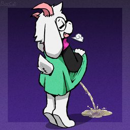 2_horns anthro biped bodily_fluids breath clothing eyes_closed eyewear floppy_ears fur furgonomics genital_fluids glasses green_clothing green_robe horn male open_mouth open_smile peeing peeing_on_ground pink_horn pink_scarf relieved robe robe_lift scarf scut_tail short_tail smile solo tail text tiptoes urine urine_on_ground urine_pool urine_stream watersports white_body white_fur ritzcat deltarune undertale_(series) ralsei bovid caprine darkner goat mammal 1:1 2026 artist_name digital_drawing_(artwork) digital_media_(artwork) english_description
