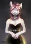 anthro clothed clothing female gem hair jewelry looking_at_viewer necklace pearl_(gem) pearl_necklace pink_eyes pink_hair pink_nose simple_background smile solo standing whiskers fralea cynthia_the_mouse mammal mouse murid murine rodent 2018 digital_media_(artwork) portrait