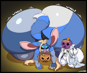 anthro big_butt blue_body blue_eyes blue_fur butt candy clothing coat dessert duo eyewear food fruit fur glasses holidays huge_butt huge_thighs hyper hyper_butt lab_coat male open_mouth plant pumpkin pumpkin_basket pumpkin_pail text thick_thighs topwear white_body white_fur yellow_eyes deonwolf halloween aero_vonheart deon_(deonwolf) canid canine canis fennec_fox fox mammal true_fox wolf 2025 digital_media_(artwork) english_text hi_res