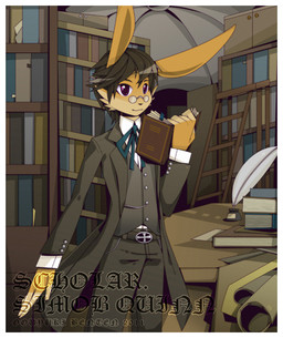 anthro black_hair book fur hair library male purple_eyes slim_anthro slim_male solo standing yellow_body yellow_fur oouyuki_benten lagomorph leporid mammal rabbit 2011
