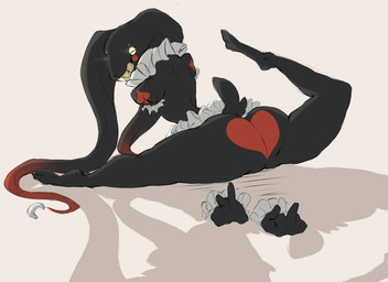 anthro armless black_body black_fur bottomwear cheek_spots clothing dancewear female floating_hands fur grin heart_symbol horizontal_pupils pupils simple_background skirt smile solo spades_(suit) suit_symbol tutu white_background wide_eyed yellow_sclera dullvivid khaos_(dullvivid) bovid caprine demon goat mammal hi_res