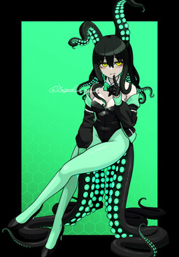 black_hair black_tentacles breasts bunny_costume clothing collar costume crossed_legs female footwear gloves green_background green_clothing green_leggings green_legwear hair handwear hexagon high_heels horizontal_pupils leggings legwear pseudo_hair pupils shoes shoulderless_topwear shush simple_background sitting solo tentacle_clothing tentacle_hair tentacles yellow_eyes zipper toipokun_oyashi animal_humanoid aquatic aquatic_humanoid cephalopod cephalopod_humanoid humanoid mollusk mollusk_humanoid octopus_humanoid hi_res