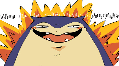 ambiguous_gender anthro blush fire fur giggle laugh looking_at_viewer narrowed_eyes nude open_mouth open_smile silly silly_face simple_background smile solo teeth text tongue tuft white_background raburigaron nintendo pokemon generation_2_pokemon pokemon_(species) typhlosion 16:9 2025 english_text headshot_portrait hi_res portrait reaction_image widescreen