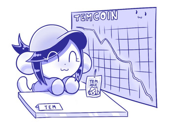 chart clothing female furniture hair happy hat headgear headwear juice_(beverage) juice_box name_tag simple_background solo table uwu disfigure bitcoin deltarune undertale_(series) temmie_(deltarune) canid canine domestic_cat felid feline felis mammal tem 2021