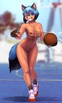 absurd_res anthro areola ball basketball_(ball) black_nose blue_hair brand_new_animal breasts brown_body brown_fur canid canine clothing digital_media_(artwork) eyebrows female fingers footwear footwear_only fur genitals grin hair hi_res looking_at_viewer mammal michiru_kagemori mostly_nude mykegreywolf navel nipples open_mouth open_smile outside pussy raccoon_dog shoes shoes_only smile sneakers sneakers_only solo standing studio_trigger tanuki