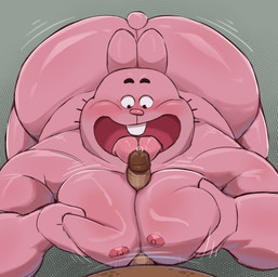 anthro big_butt blush buckteeth butt chubby_cheeks duo erection first_person_view front_view genitals glistening glistening_body huge_butt licking looking_at_genitalia looking_at_penis male male/male male_pov moob_grab moob_squish moobjob moobs motion_lines nipples nude open_mouth open_smile oral overweight overweight_anthro overweight_male penile penis penis_lick pink_body sex smile solo_focus tail teeth tongue tongue_out daichi_akimichi cartoon_network the_amazing_world_of_gumball richard_watterson lagomorph leporid mammal rabbit hi_res