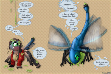 black_border blue_body blush bodily_fluids border breasts busty_feral clothing dialogue female feral green_eyes insect_wings lactating mid_transformation simple_background solo species_transformation speech_bubble text torn_clothing transformation wings visorelle arthropod dragonfly human insect mammal comic english_text hi_res