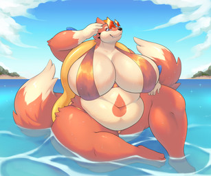 2_tails 4_toes anthro beach belly belly_overhang big_belly big_breasts big_tail bikini biped black_nose blue_eyes breasts clothed clothed_anthro clothed_female clothing cloud countershade_face countershade_fur countershade_neck countershade_torso countershading curvy_figure day deep_navel detailed_background dipstick_tail eyelashes eyewear feet female female_anthro fingers fluffy fluffy_tail front_view full_cleavage fur glistening glistening_belly glistening_body glistening_breasts glistening_fur gloves_(marking) huge_breasts huge_thighs humanoid_hands inner_boob looking_at_viewer markings multi_tail multicolored_body multicolored_fur multicolored_tail navel obese obese_anthro obese_female orange_bikini orange_body orange_clothing orange_fur orange_swimwear orange_tail outside overweight overweight_anthro overweight_female plant pupils sea sitting sitting_in_water sky smile snaggle_tooth solo star_sunglasses sunglasses swimwear tail tail_markings tan_body tan_countershading tan_fur tan_tail tan_tail_tip thick_thighs toes two-piece_swimsuit two_tone_body two_tone_fur two_tone_tail voluptuous water white_pupils yellow_body tyltyll nintendo pokemon floatzel generation_4_pokemon mammal mustelid pokemon_(species) 2024 colored digital_media_(artwork) full-length_portrait hi_res portrait shaded