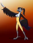 anthro avian beak bedroom_eyes bird black_body black_feathers breasts dagger eyebrows eyelashes feather_6 feathered_wings feathers feet female half-closed_eyes looking_at_viewer melee_weapon narrowed_eyes naturally_censored nipple_tuft non-mammal_breasts pose ria_(sammfeatblueheart) seductive simple_background solo talons toes tuft weapon white_body white_feathers whitephoenix52 wings yellow_body yellow_feathers
