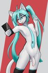 anthro balls blue_eyes cellphone crossgender electronics fur genitals gesture hair hand_gesture long_hair male nude penis phone simple_background smartphone solo v_sign white_body observerdoz vocaloid hatsune_miku domestic_cat felid feline felis mammal absurd_res hi_res