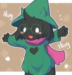 4_fingers ambiguous_gender anthro black_body black_fur blush blush_stickers clothed clothing eyewear fingers fur glasses hair hat headgear headwear heart_symbol horn looking_at_viewer open_mouth robe scarf solo standing text white_eyes young young_anthro mei_(artist) deltarune undertale_(series) ralsei bovid caprine goat mammal 2019 english_text