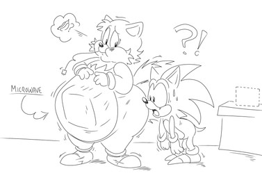 2_tails abdominal_bulge anthro appliance blush blush_lines bodily_fluids clothing confusion duo eating_object food footwear gloves handwear hot_dog kitchen_appliance larger_male macro male microwave_oven multi_tail overweight overweight_anthro overweight_male question_mark questioning quills_(anatomy) shocked shoes size_difference sweat sweatdrop tail thought_bubble weight_gain floofyboyetime sega sonic_the_hedgehog_(series) miles_prower sonic_the_hedgehog eulipotyphlan hedgehog mammal hi_res monochrome sketch sketch_page