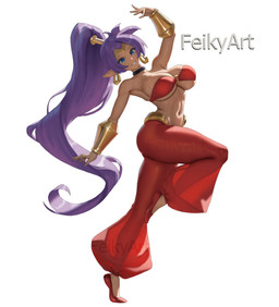 bandeau big_breasts blue_eyes breasts bulging_breasts choker circlet clothing ear_piercing ear_ring eyebrows eyelashes female footwear hair harem_pants humanoid_pointy_ears jewelry long_eyelashes navel necklace not_furry o-ring piercing pointy_ears ponytail purple_hair ring_piercing smile solo topwear ventral_groove feikyart shantae_(series) wayforward shantae genie humanoid 2026 hi_res