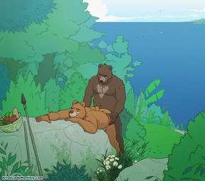 anal anal_penetration anthro arm_scar detailed_background duo eyebrows fur genitals male male/male male_penetrated male_penetrating male_penetrating_male melee_weapon navel nipples nude penetration penis polearm scar sex shark_tooth_necklace spear tribal weapon artdecade animal_humanoid bear humanoid mammal
