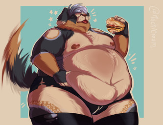 anthro belly belly_grab belly_overhang big_belly black_eyebrows bulge burger clothed clothing deep_navel dipstick_ears dipstick_tail ear_markings eating eyebrows fingerless_(marking) fingerless_gloves_(marking) food fur gloves_(marking) grey_hair hair happy holding_food holding_object leggings legwear male markings moobs multicolored_body multicolored_ears multicolored_fur navel neck_tuft nipples obese obese_anthro obese_male overweight overweight_anthro overweight_male red_nipples red_nose red_tongue solo standing tail tail_markings tail_motion tailwag tan_body tan_fur tongue tongue_out tuft underwear mochi_cream38 canid canine canis domestic_dog mammal hi_res shaded