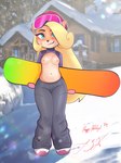 beanie blonde_hair bottomwear breasts clothed clothing exposed_breasts eyebrows eyewear female footwear fur goggles green_eyes hair hat headgear headwear ineffective_clothing long_hair multicolored_body multicolored_fur navel outside pants shoes snowboard solo standing tan_body tan_fur text two_tone_body two_tone_fur applespicex activision crash_bandicoot_(series) coco_bandicoot bandicoot mammal marsupial 2024 3:4 absurd_res english_text full-length_portrait hi_res portrait signature