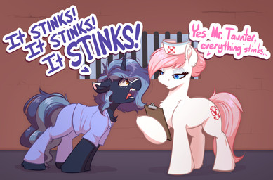 amber_eyes blue_body blue_eyes blue_hair blue_tail clothing cutie_mark dialogue duo female feral hair hair_bun hat headgear headwear heart_symbol horn hospital_gown male nurse_clothing nurse_hat nurse_headwear pink_hair pink_tail prison_bars tail talking_feral text white_body witchtaunter friendship_is_magic hasbro my_little_pony mythology the_critic_(series) the_simpsons fan_character nurse_redheart_(mlp) witching_hour earth_pony equid equine horse mammal mythological_creature mythological_equine pony unicorn 2026 absurd_res english_text hi_res