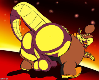 anthro backsack balls bent_over big_butt butt chaps clothing erection genitals hat headgear headwear humanoid_genitalia humanoid_penis leather leather_clothing leather_daddy male penis perineum presenting presenting_hindquarters solo cintoon kings_of_hell mythology bune_(kings_of_hell) dragon mythological_creature mythological_scalie scalie