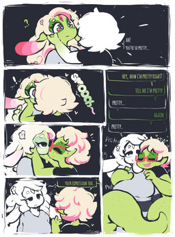 accessory black_background blush bodily_fluids breast_grab breasts dialogue draining_color drooling duo female female/female flower flower_in_hair green_body hair hair_accessory hand_on_breast humanoid_pointy_ears kissing mind_control open_mouth plant pointy_ears saliva simple_background smile tail text white_hair eerieviolet mythology beryl_(eerieviolet) kam_(eerieviolet) animal_humanoid dragon dragon_humanoid humanoid mythological_creature mythological_scalie scalie comic digital_media_(artwork) english_text hi_res