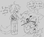 anthro babysitter blood blush bodily_fluids bow_tie braces clothing coontail_hair drawing_(object) duo excited eye_bags fangs female gesture hair hair_over_eye hat headgear headwear looking_down male medium_hair nosebleed short_hair skeleton_hoodie stick_figure suggestive tail tail_boner tail_gesture teeth text top_hat young young_anthro lilstarlite melanie_(lilstarlite) hyena mammal spotted_hyena english_text handwritten_text hi_res monochrome sketch